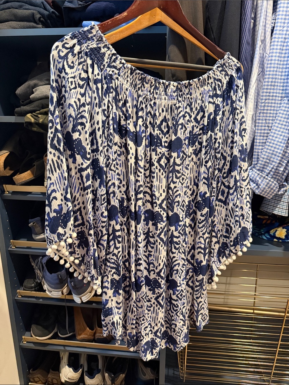 Lilly Pulitzer Navy & White Pom-Pom Off-Shoulder Tunic